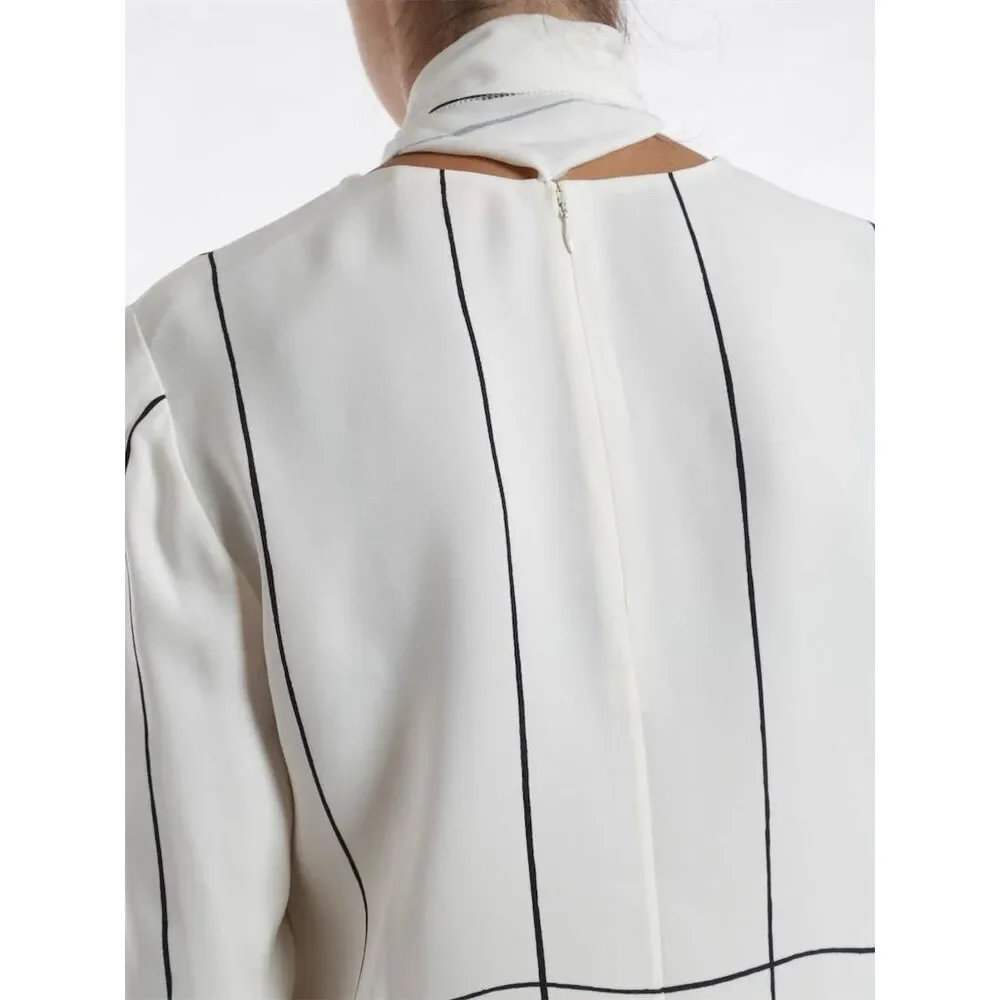 Tory Burch Window Pane Check Silk Windsor Tie Ivory Long Sleeve Blouse, S/6